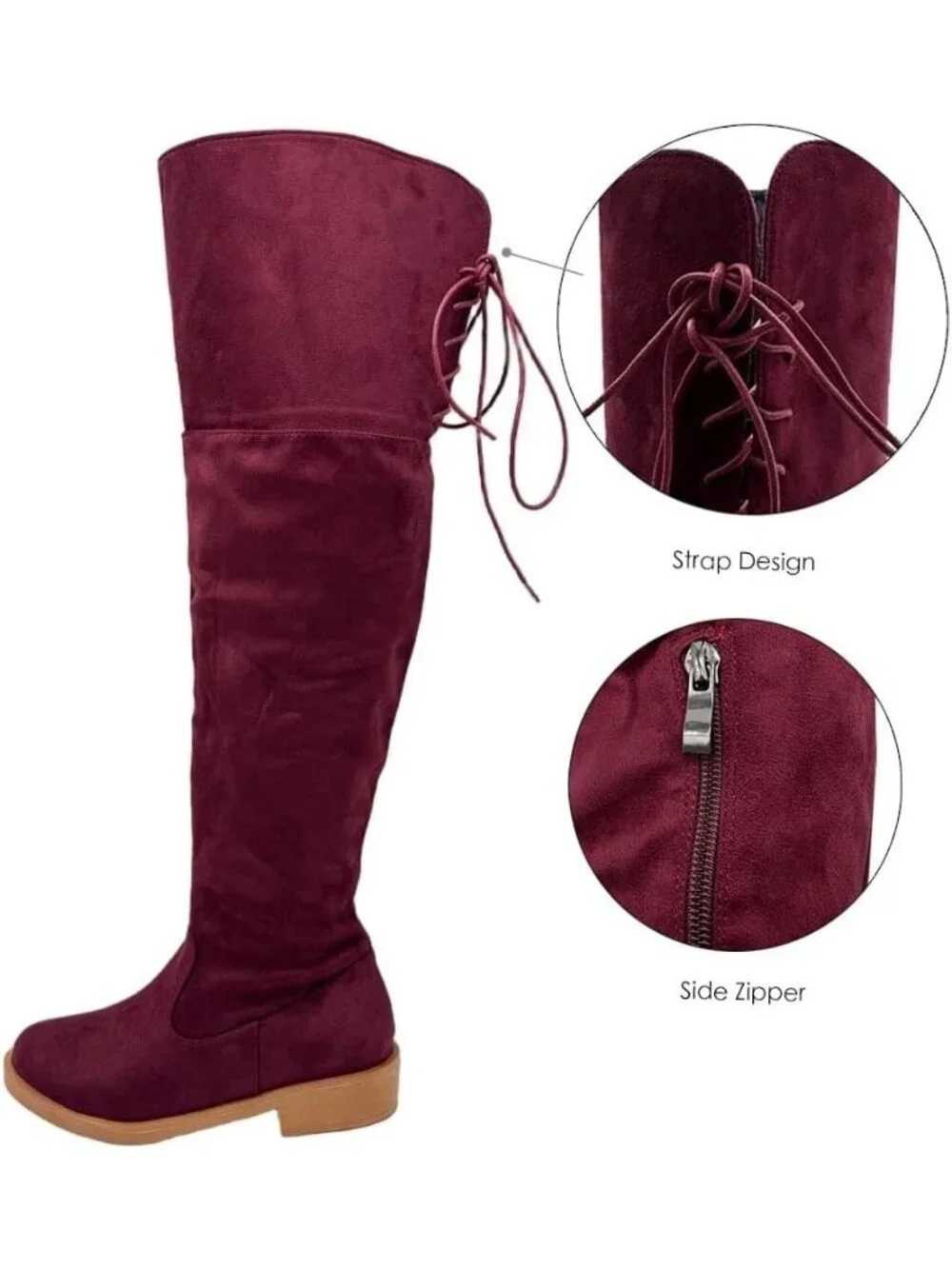 Women's Wine Red Faux Suede Back Lace Wide Calf Over-the-Knee Thigh-High Boots